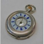 FINE SILVER HALF HUNTER FOBWATCH WITH PALE BLUE ENAMEL DECORATED CASE