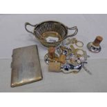 SILVER ENGINE TURNED CIGARETTE CASE BIRMINGHAM, PAIR OF 2 HANDLED BOWLS, VARIOUS PENDANTS,