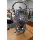 LARGE SILVER PLATED SPIRIT KETTLE WITH FLORAL & EMBOSSED DECORATION - 45CM TALL
