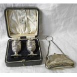 PAIR OF CASED SILVER SALTS BIRMINGHAM 1897 & SILVER PURSE,