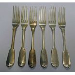 6 SILVER FIDDLE PATTERN TABLE FORKS, LONDON 1825, 1831,