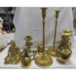 SELECTION OF BRASSWARE TO INCLUDE A PAIR OF ORIENTAL DRAGON DECORATED VASES, CANDLE STICKS, BUDDHA,