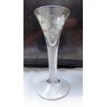 18TH CENTURY AIRTWIST STEM WINE GLASS OF JACOBITE INTEREST DECORATED WITH ROSES & THE MOTTO FIAT -