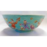 CHINESE GREEN BOWL DECORATED WITH FIGURES SEAL MARK TO BASE - 23 CM DIAMETER Condition
