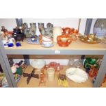 SELECTION OF VARIOUS COLOURED GLASSWARE, POTTERY DOGS, ETC INCLUDING CARNIVAL GLASS,