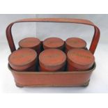 19TH CENTURY RED & GILT TOLEWARE SPICE CANISTERS & TRAY WITH LOOP HANDLE & BUN FEET - 20 CM WIDE
