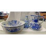 MASONS IRONSTONE HEAL & SONS EWER & BASIN - 28 CM TALL & A DELFT STYLE BLUE & WHITE GLAZED POTTERY