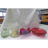2 COLOURED CUT GLASS DISHES,