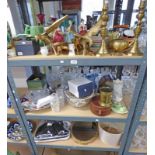 GOOD SELECTION OF PORCELAIN , GLASS, BRASS ETC TO INCLUDE BRASS CANDLE STICKS, TAPTON WARE,