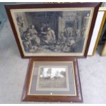 19TH CENTURY OAK FRAMED ENGRAVING WEIGHING THE DEER AND OAK FRAMED PHOTOGRAPH FARMER & COWS