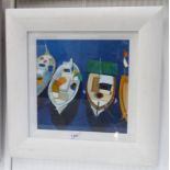 LIN PATULLO - (ARR), BOATS IN A HARBOUR, SIGNED , FRAMED OIL PAINTING,