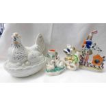 19TH CENTURY STAFFORDSHIRE POTTERY HEN TUREEN & 3 POTTERY FIGURE GROUPS