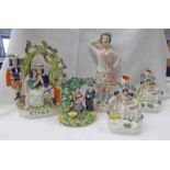 5 VARIOUS 19TH CENTURY STAFFORDSHIRE POTTERY FIGURE GROUPS INCLUDING LITTLE PIG GROUP,