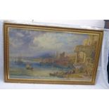 HENRY GASTINEAU, CASTLE RUINS OVERLOOKING A HARBOUR, SIGNED, GILT FRAMED WATERCOLOUR,