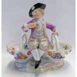 MEISSEN STYLE FIGURAL BASKET GROUP OF A YOUNG BOY IN BLACK HAT ON 2 BASKETS WITH BLUE CROSS MARK TO