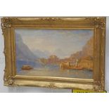 19TH CENTURY CONTINENTAL SCHOOL, ITALIAN LAKE SCENE, UNSIGNED, GILT FRAMED WATERCOLOUR,