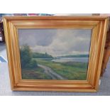 GILT FRAMED OIL PAINTING RIVER SCENE WITH PATH INDISTINCTLY SIGNED - 55 X 74 CMS