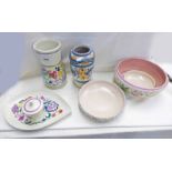 SELECTION OF POOLE POTTERY INCLUDING 3 BOWLS, 2 VASES, JAM POT,