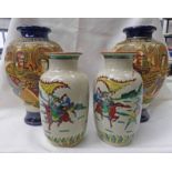 PAIR OF JAPANESE POTTERY VASES & PAIR OF CRACKLE GLAZE POTTERY VASES,