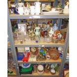 LARGE SELECTION OF VARIOUS PORCELAIN, GLASSWARE, ETC INCLUDING DECANTERS, VASES, CANDLESTICKS,