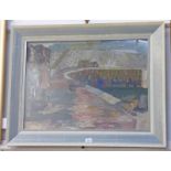 IRENE HALLIDAY - (ARR) ARBROATH HARBOUR WITH CREELS SIGNED FRAMED WATERCOLOUR 54 X 75 CMS