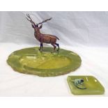 ONYX DESK SET WITH COLOURED BRONZED STAG MOUNT.
