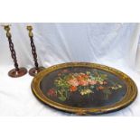 OVAL 19TH CENTURY PAPER MACHIE TRAY (AS FOUND) WITH PAIR OF MAHOGANY TWIST CANDLESTICKS SIZE 36CM
