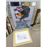RECTANGULAR FRAMED PICTURE OF JAPANESE WOMAN WITH MIRROR SURROUNDED OVERALL SIZE 95 X 75 CM,
