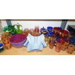 LARGE SELECTION OF VARIOUS COLOURED GLASSES, TEAPOTS, SIGNED ART GLASS VASE,
