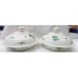 PAIR OF 19TH CENTURY BLOOR DERBY GREEN & WHITE LIDDED CIRCULAR TUREENS