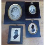 2 FRAMED SILHOUETTES & FRAMED MINIATURE OF LADY & GENTLEMAN