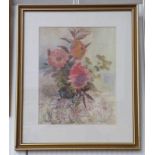CHRISTINE PETERSON DAHLIAS ON AN EMBROIDERED CLOTH SIGNED FRAMED PASTEL 40 X 31 CM