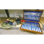 CASED MOTHER OF PEARL CUTLERY SET, CAITHNESS PAPERWEIGHT,