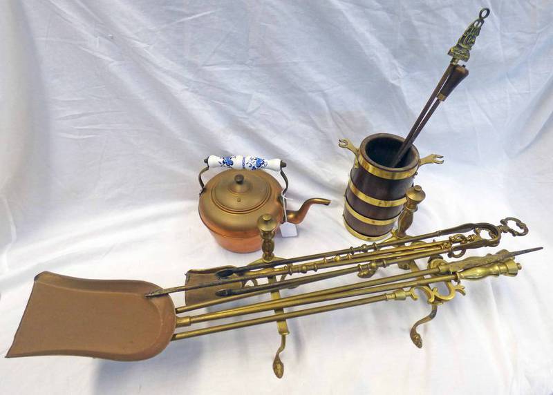 PAIR OF BRASS FIRE DOGS, COPPER KETTLE, OAK BOUND TUB & VARIOUS POKERS,