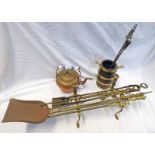 PAIR OF BRASS FIRE DOGS, COPPER KETTLE, OAK BOUND TUB & VARIOUS POKERS,