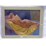 FRAMED OIL PAINTING NUDE MODEL RECLINING ON A YELLOW CLOTH - 44 X 59 CMS