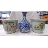 CHINESE BLUE & WHITE VASE WITH FLORAL DECORATION - 34CM TALL & PAIR OF CHINESE JARDINIERE'S