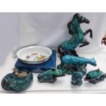 POOLE POTTERY FIGURE OF AN OTTER EATING A FISH, ROYAL WORCESTER DISH,