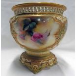 ROYAL WORCESTER BOWL DECORATED WITH ROSES & WITH PIERCED RIM - 21CM TALL,