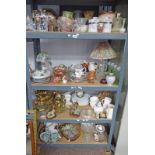 SELECTION OF VARIOUS PORCELAIN, GLASS ETC TO INCLUDE MANTLE CLOCKS, BRASS WARE,