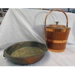 COPPER 2 HANDLED BOWL & OAK COPPER BOUND COAL BUCKET