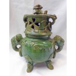 CHINESE GREEN GLAZED POTTERY INCENSE BURNER WITH ELEPHANT MASK HANDLES,