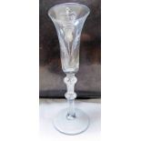 18TH CENTURY AIR TWIST STEM JACOBITE WINE GLASS ETCHED WITH CROWN THISTLES & THE MOTTO: NEMO ME