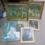 2 GILT FRAMED PICTURES OF WOMEN SEWING & 2 CLASSICAL SCENE PICTURES IN GILT FRAMES ETC