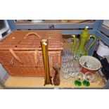 WICKER HAMPER, VARIOUS GLASSWARE,