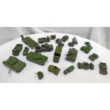 SELECTION OF PLAYWORN DINKY MILITARY VEHICLES INCLUDING TANK TRANSPORT, ARMOURED CAR,