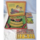 CHAD VALLEY CLOCKWORK TINPLATE TRAIN SET TOGETHER WITH CRESCENT TOYS FIGURE SET.