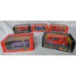 FIVE BURAGO 1:24 SCALE MODEL FERRARI & FORD CARS INCLUDING FERRARI 275 GTB/4 (1966),