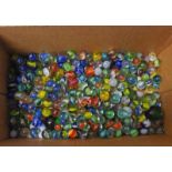SELECTION OF GLASS MARBLES, TINS,