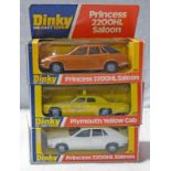 3 DINKY TOYS: 278 - PLYMOUTH YELLOW CAB, 2 X 123 - PRINCESS 220HL SALOON,